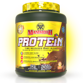 Mammoth Protein Blend supplement tub showcasing 24g protein per serving, featuring a 6-source whey blend for muscle recovery.